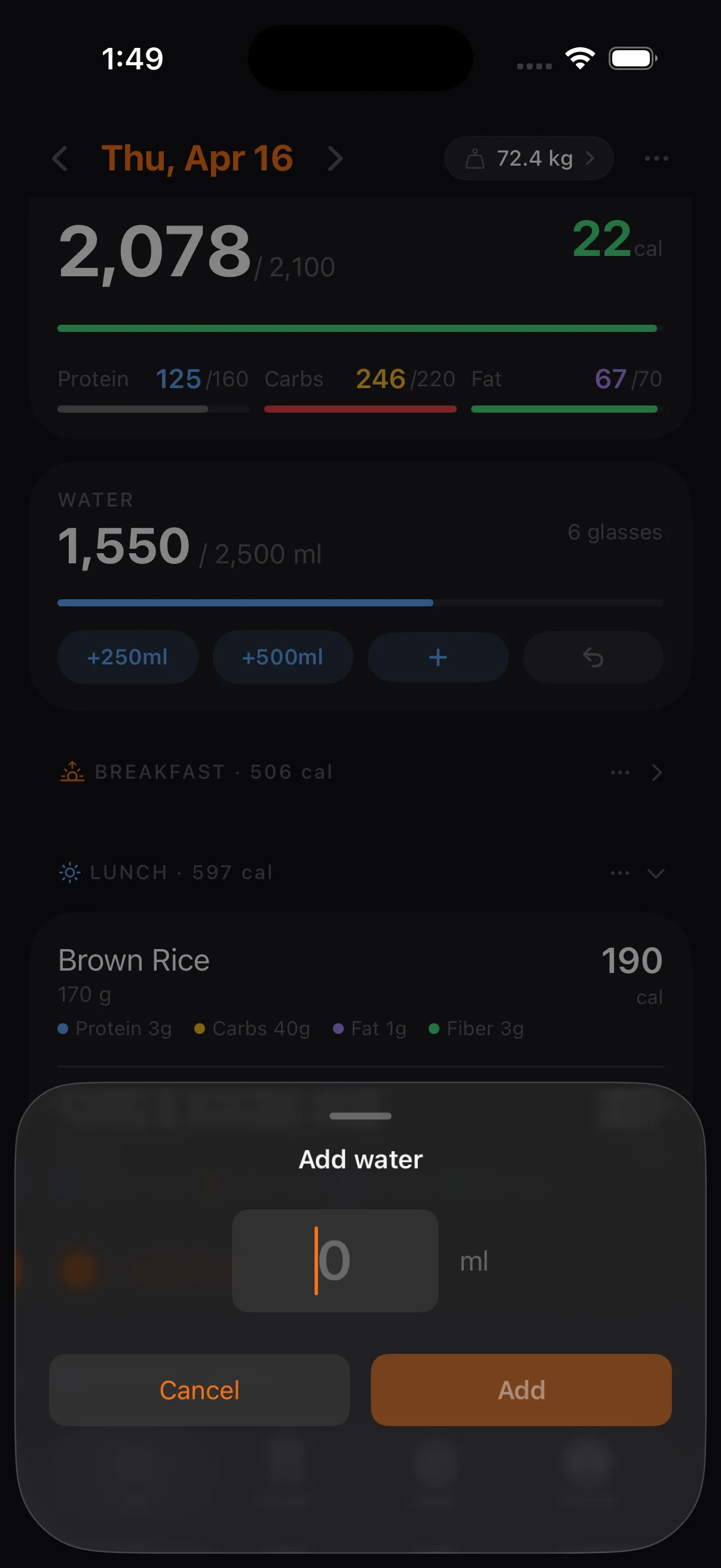 Quick-add 250ml or 500ml, or enter a custom amount. Daily total and glass count update instantly.