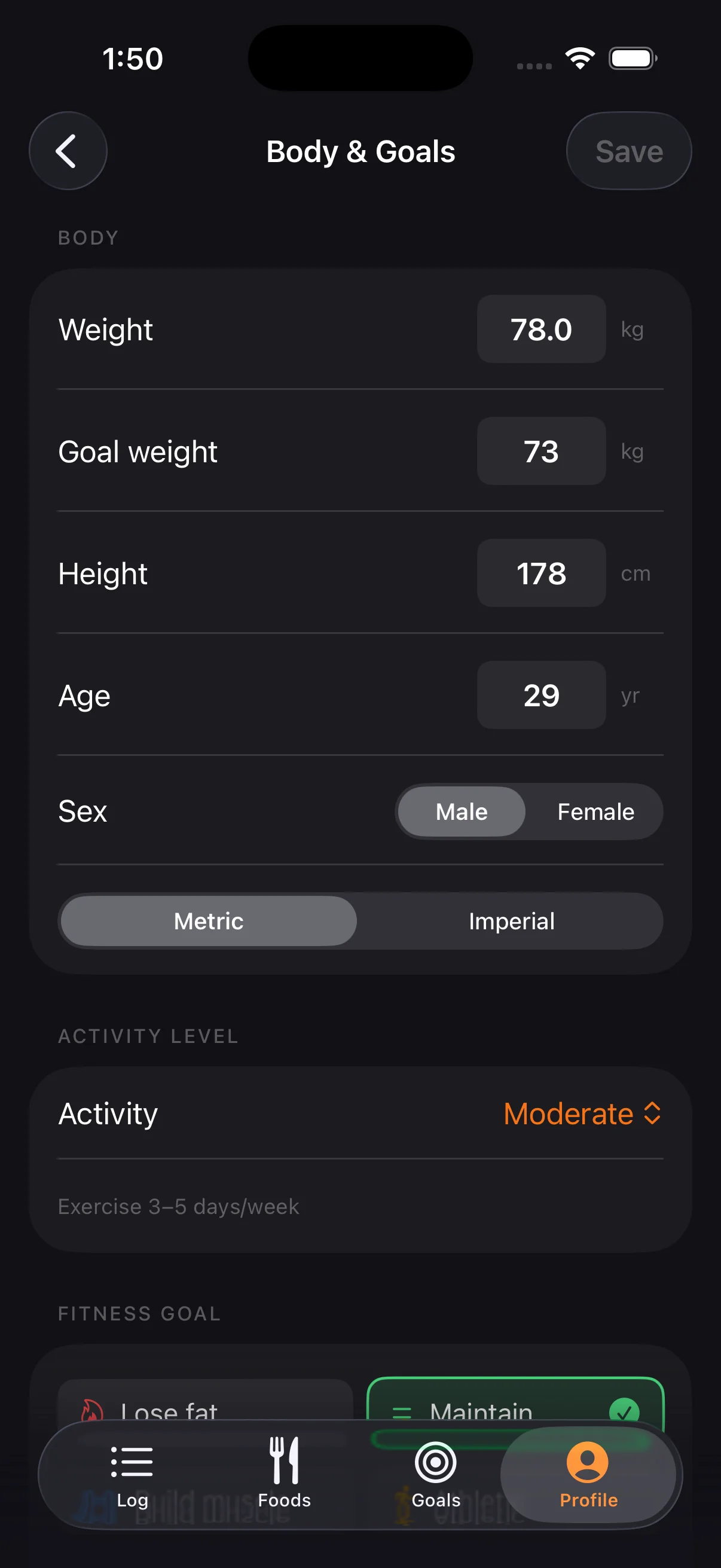 Set weight, height, age, sex, and activity level. Choose a fitness goal. Tare calculates BMR and TDEE.