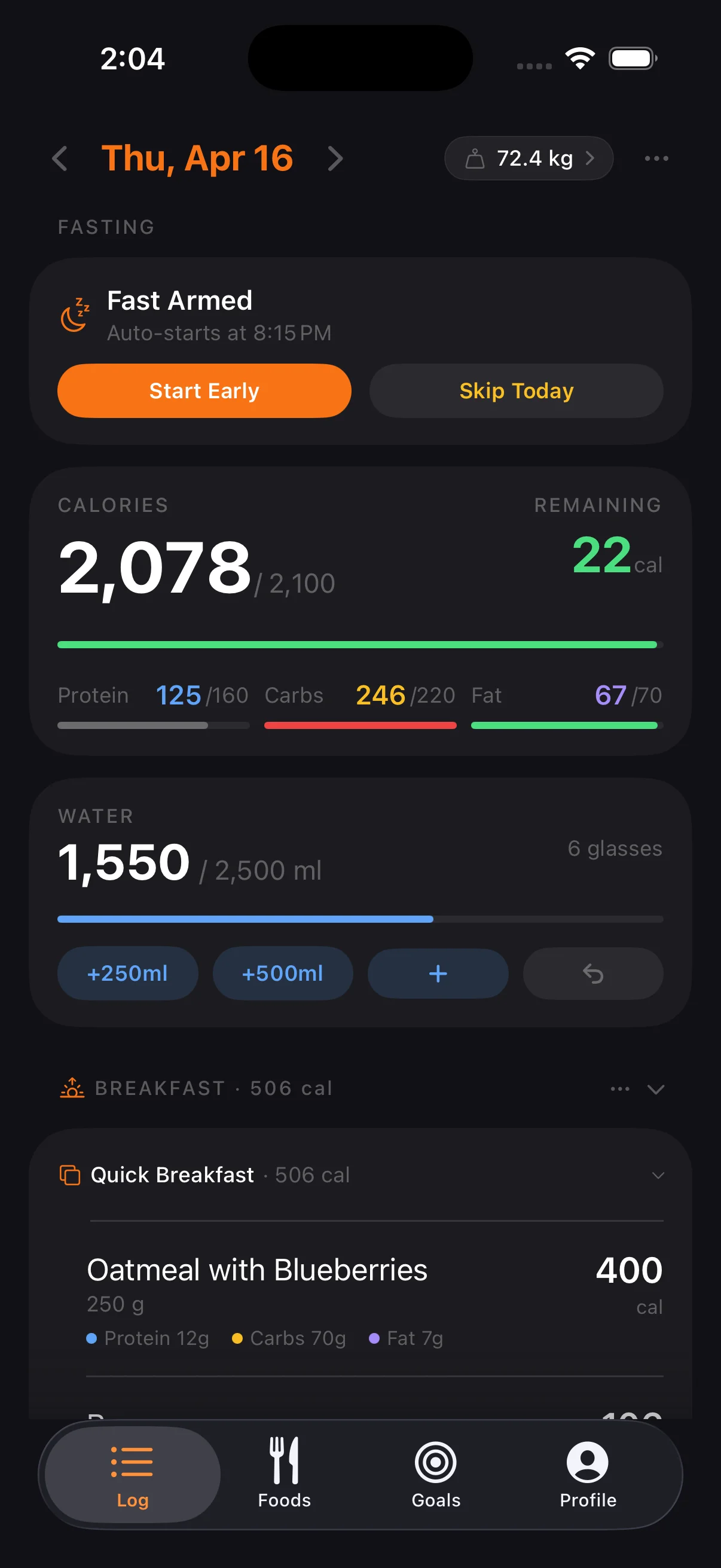 Tare daily log showing calorie tracking, macro bars, water tracking, and meal sections