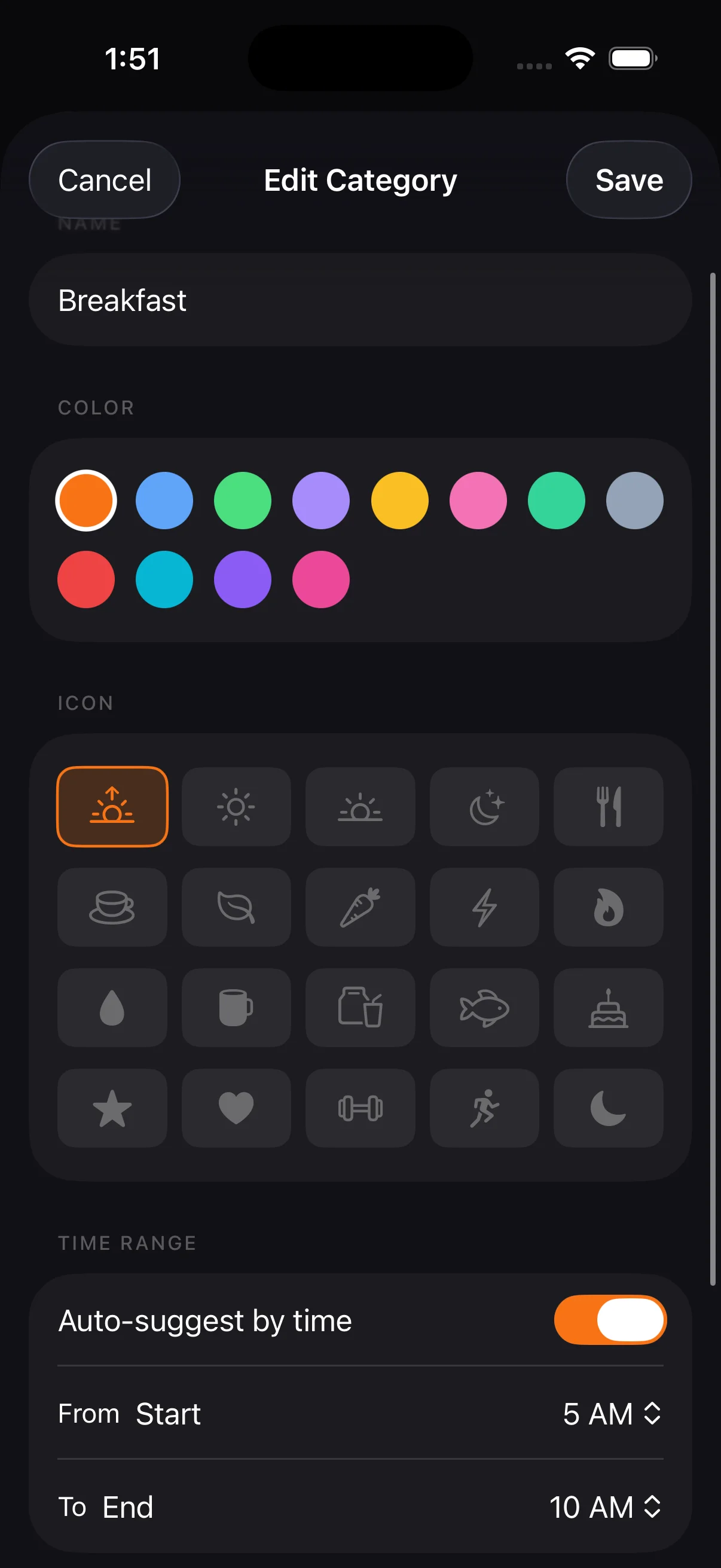 Customize with colors, SF Symbol icons, and optional time-based auto-suggestion for logging.