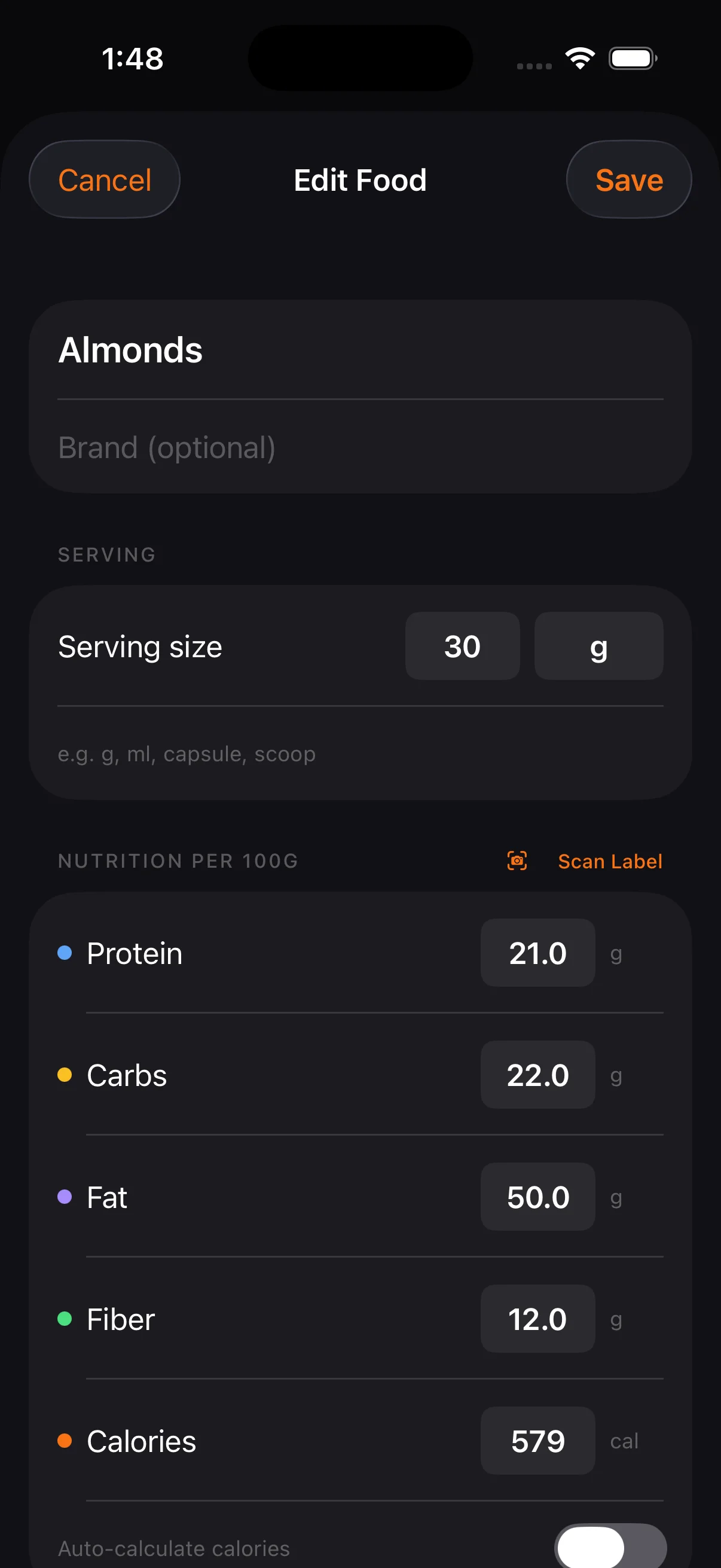 Editing a custom food in Tare, with nutrition fields and an attached barcode.