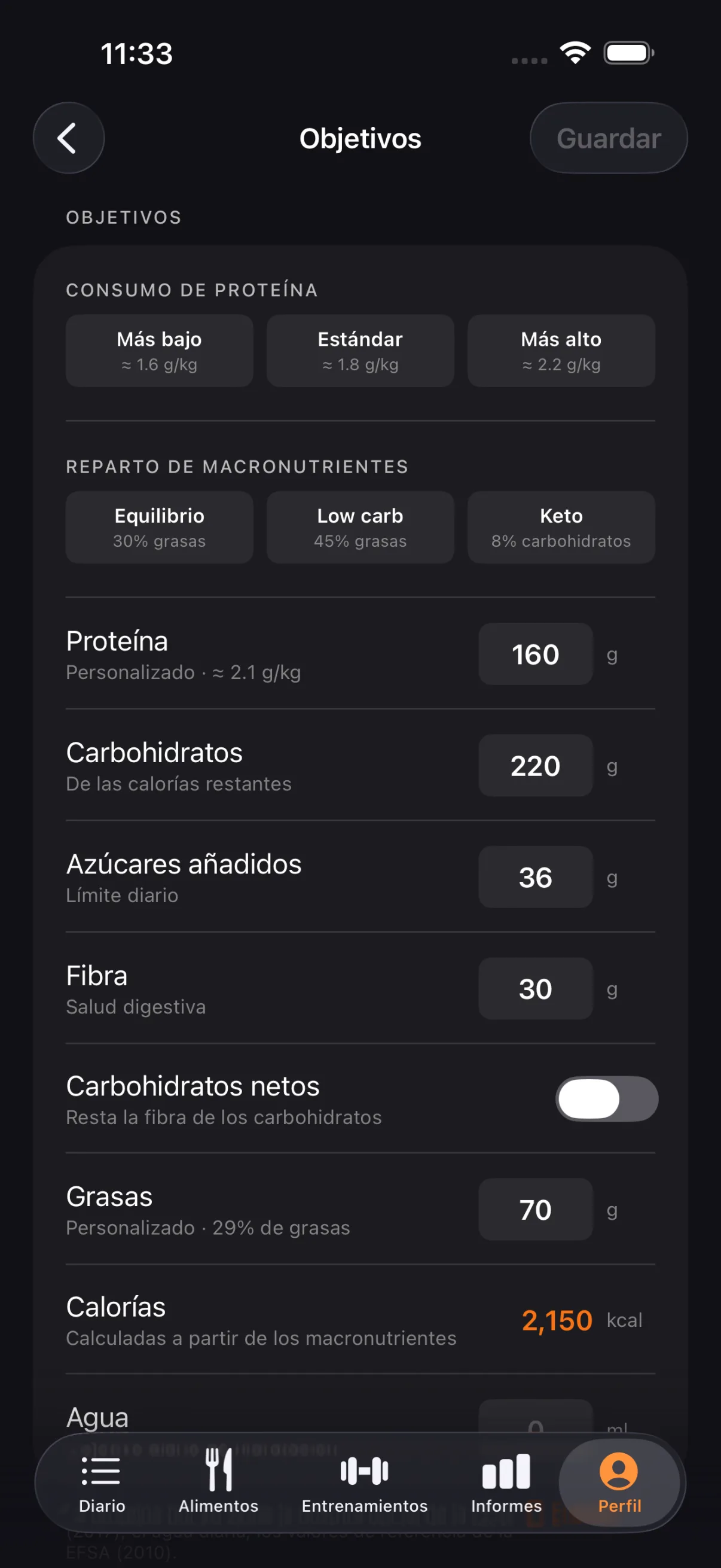 Objetivos: preajustes de proteína y de macros, y los objetivos en gramos