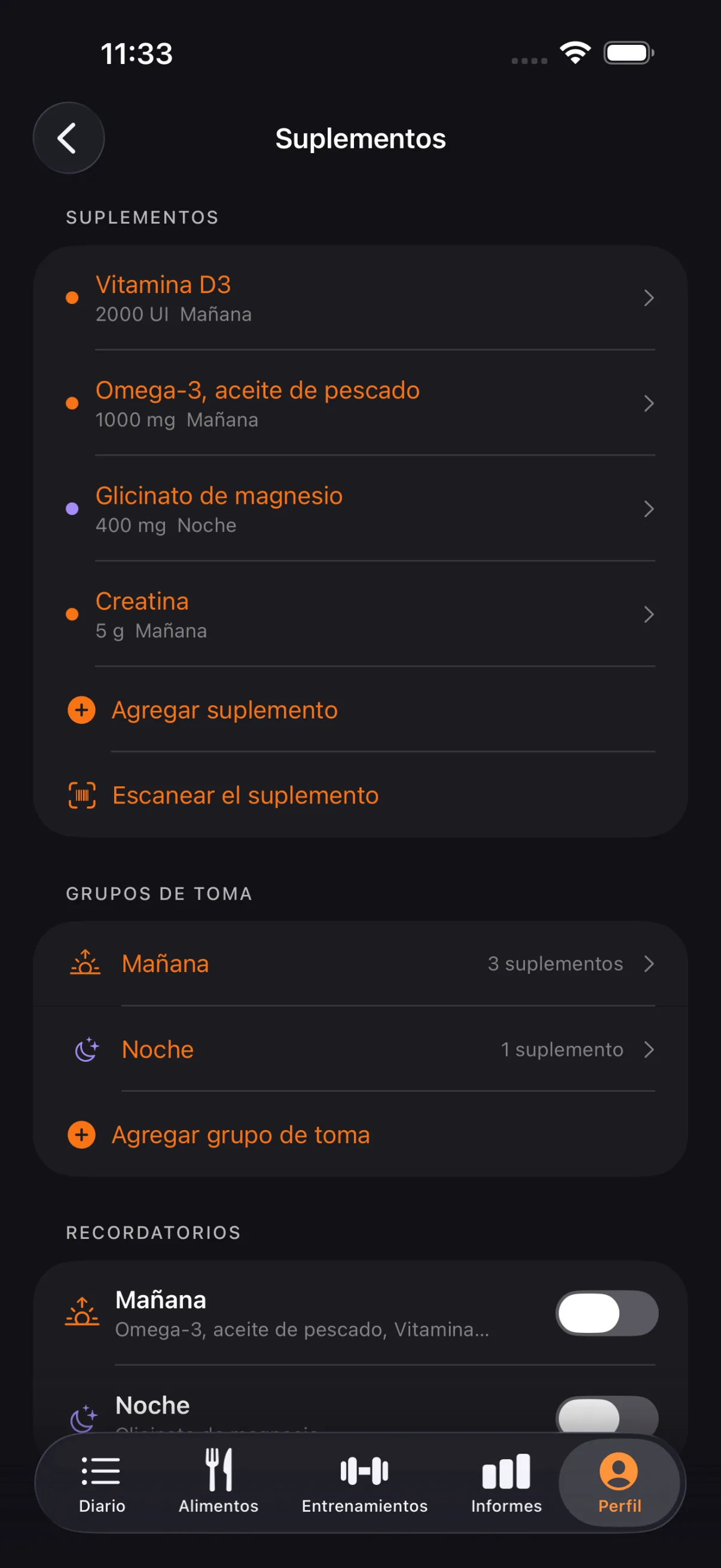 Suplementos con grupos de toma y recordatorios