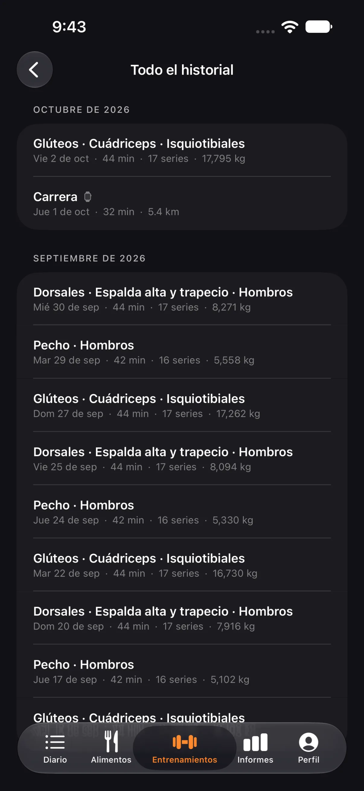 Todos los entrenamientos por mes, con sus músculos, duración, series y peso total. Los entrenamientos registrados en el Apple Watch también aparecen aquí.