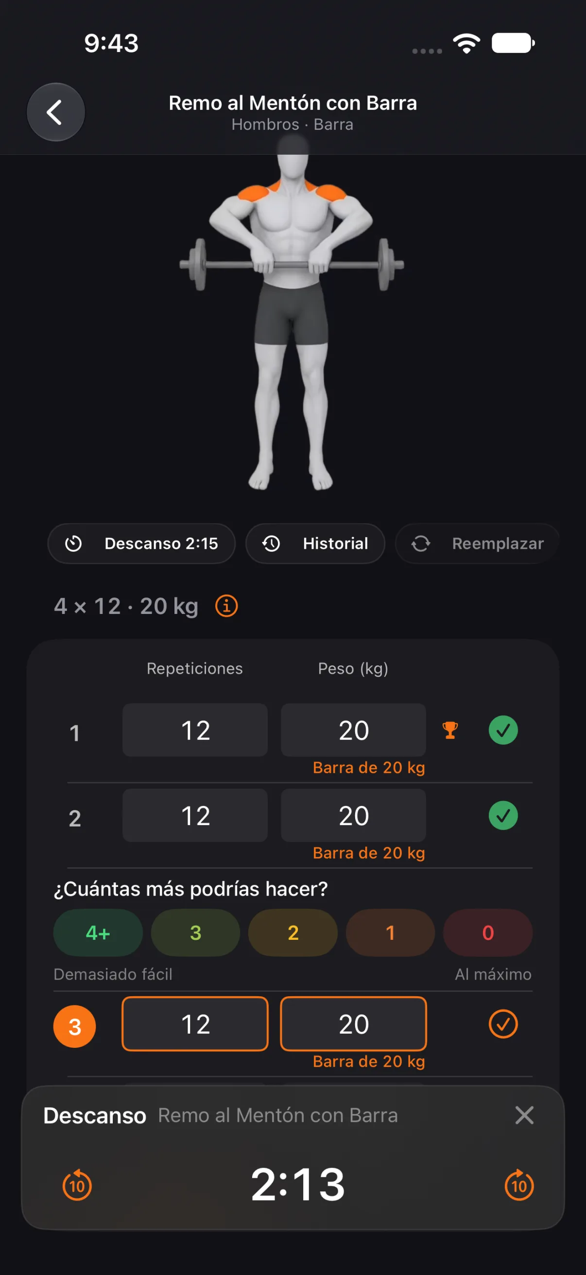 Repeticiones y peso de cada serie, una marca para registrarla, cuántas repeticiones te quedaban y el descanso en cuenta atrás. El descanso sigue también en la pantalla bloqueada.