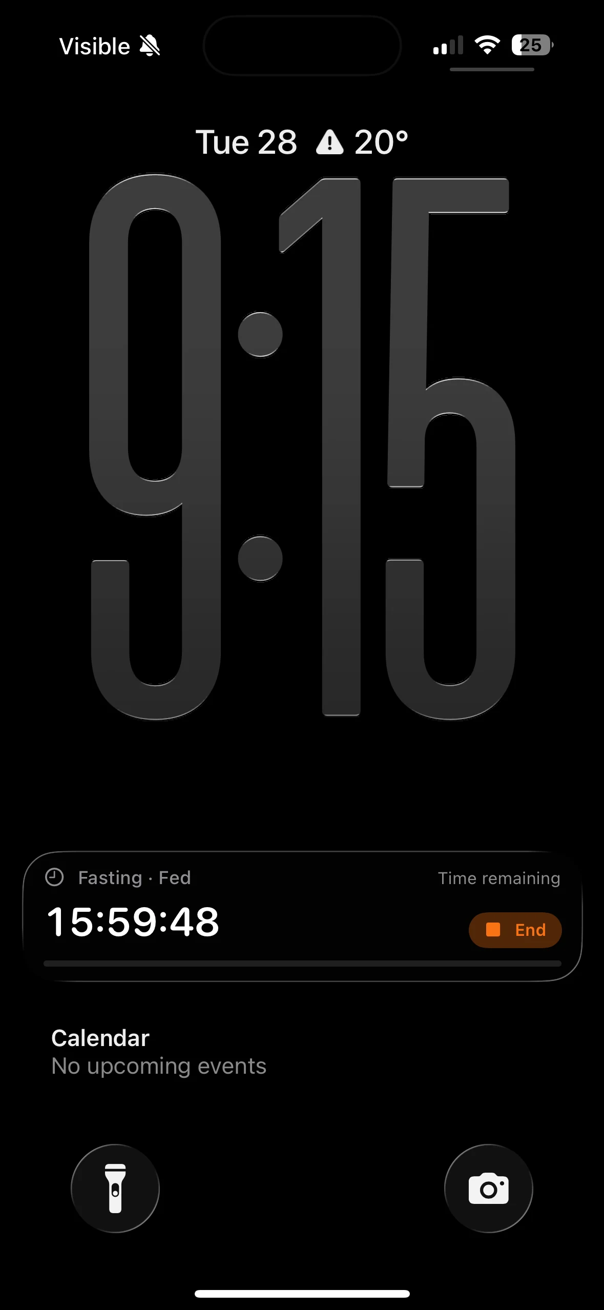 An active fast on the Lock Screen with time remaining and an End button — no need to unlock or open the app.