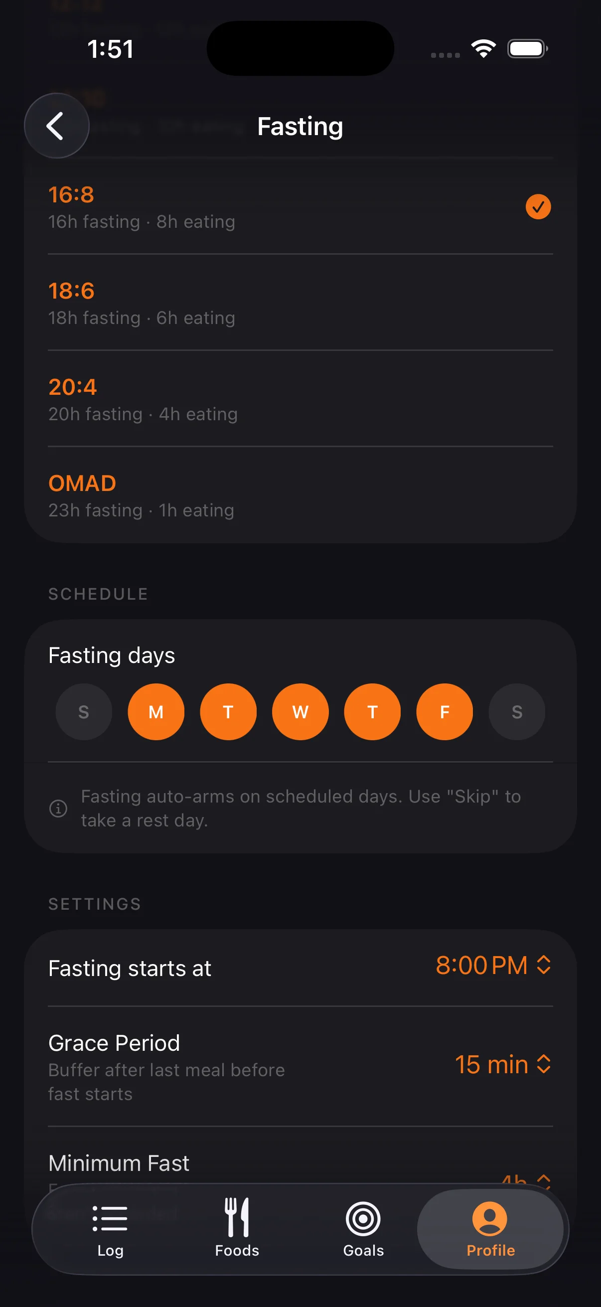 Pick which days to fast. Fasting auto-starts when your eating window closes on scheduled days.