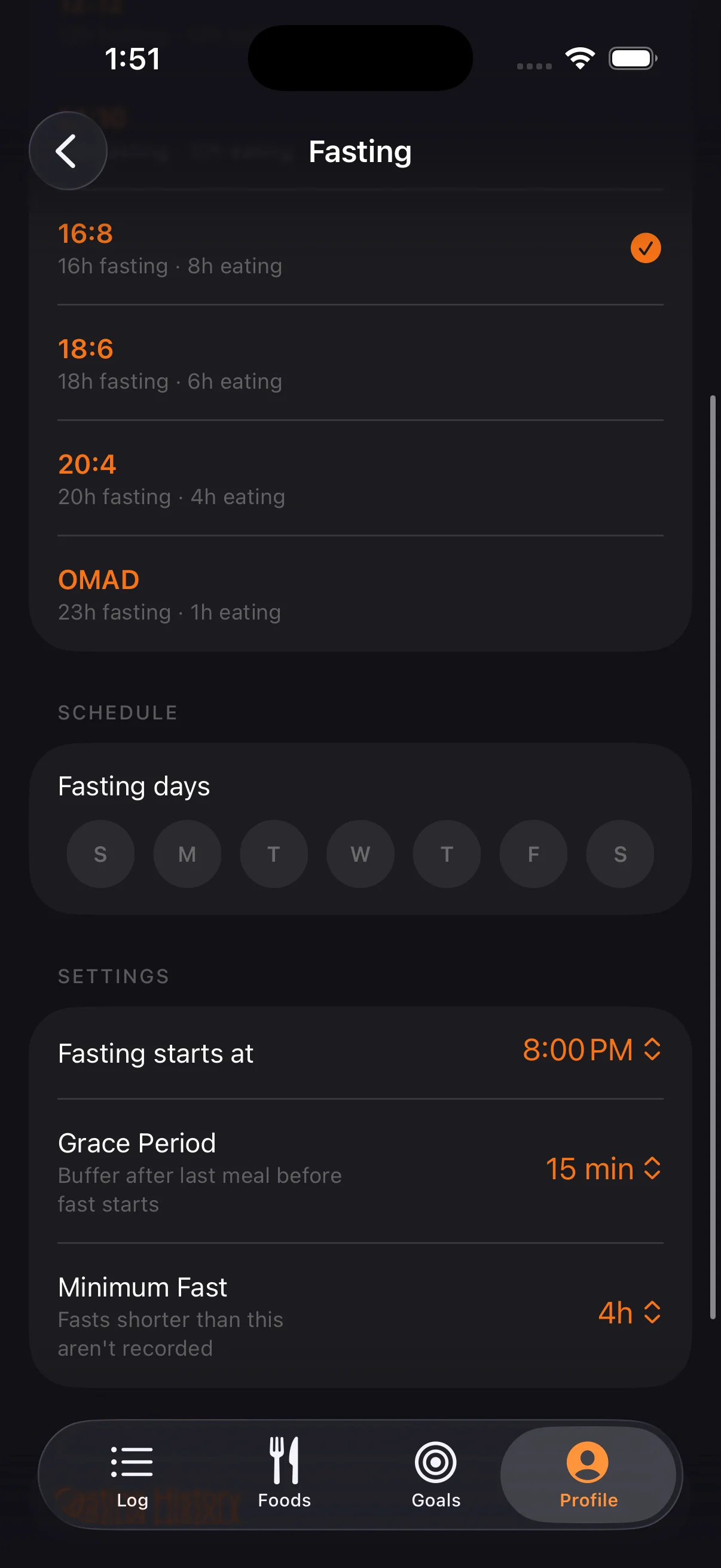16:8, 18:6, 20:4, and OMAD presets. Set your fasting start time, grace period, and minimum fast duration.