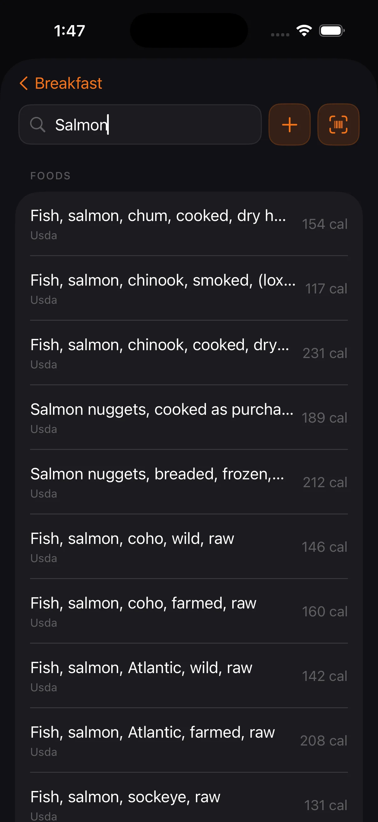 Real-time results from the USDA FoodData Central database. Results are cached locally for instant reuse.