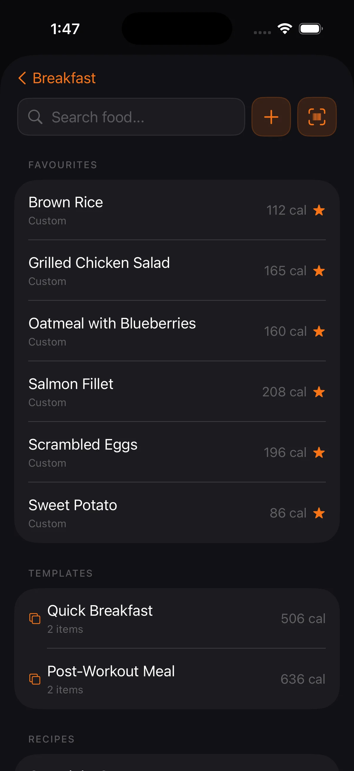 Food search with favorites, templates, and recipes