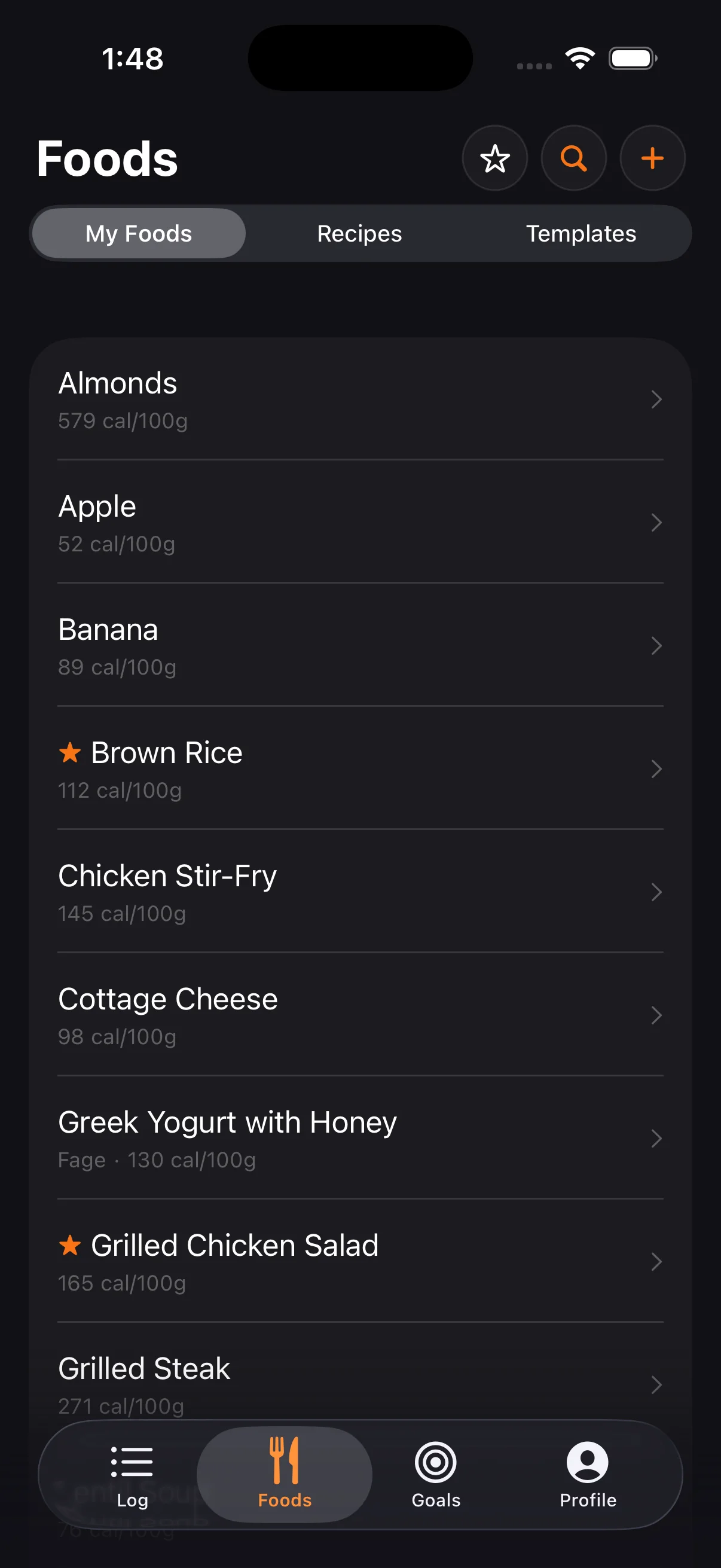Browse all your custom foods with cal/100g. Star favorites for quick access when logging.