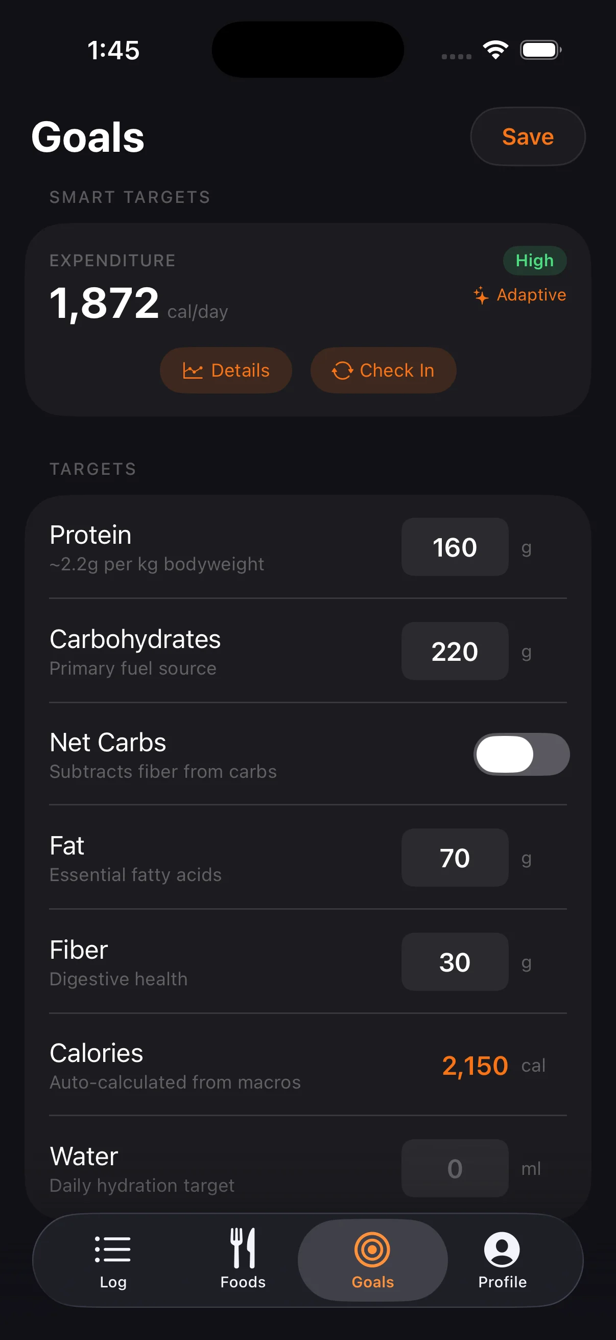 Goals with smart targets and adaptive TDEE