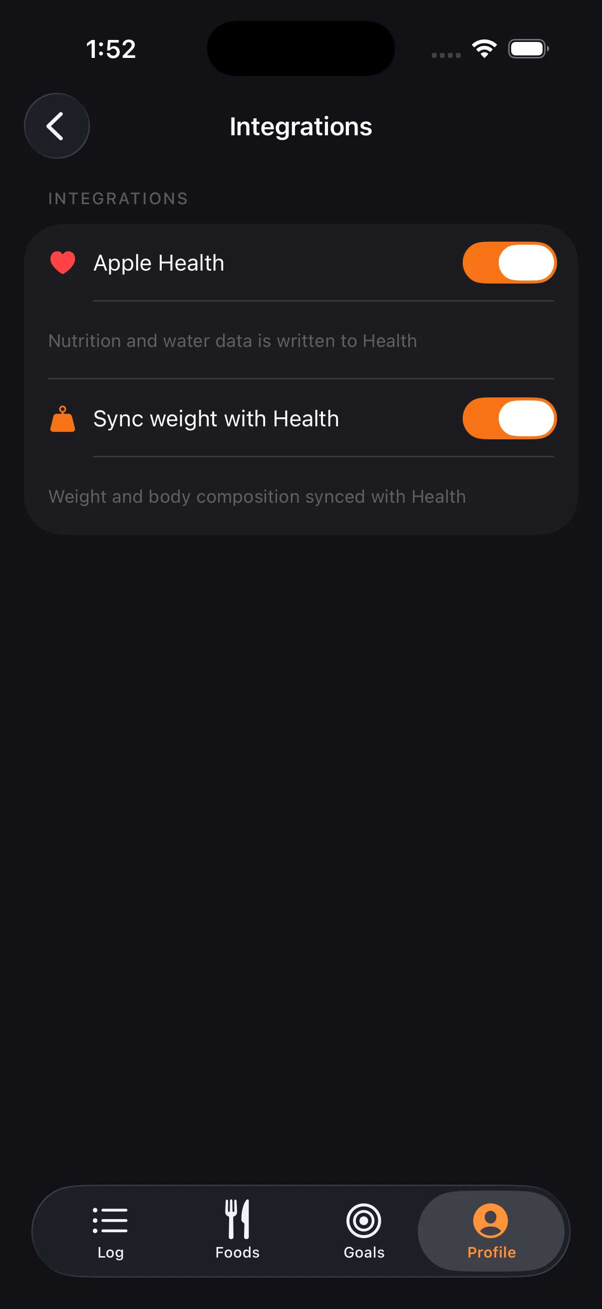 Apple Health sync for nutrition and weight data. Two-way weight sync keeps everything in one place.