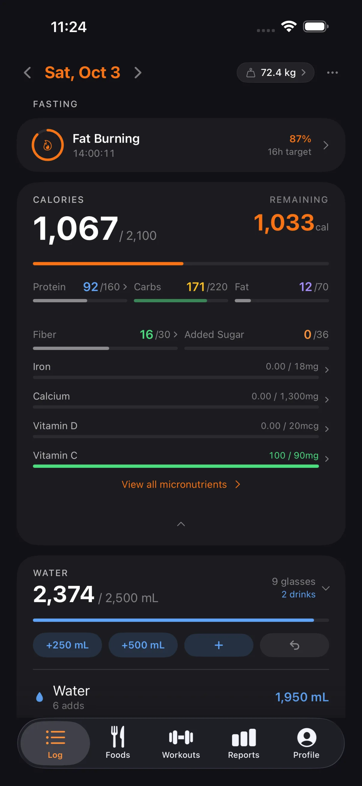 The calorie card in Tare opened down to fiber, added sugar, iron, calcium, vitamin D, and vitamin C