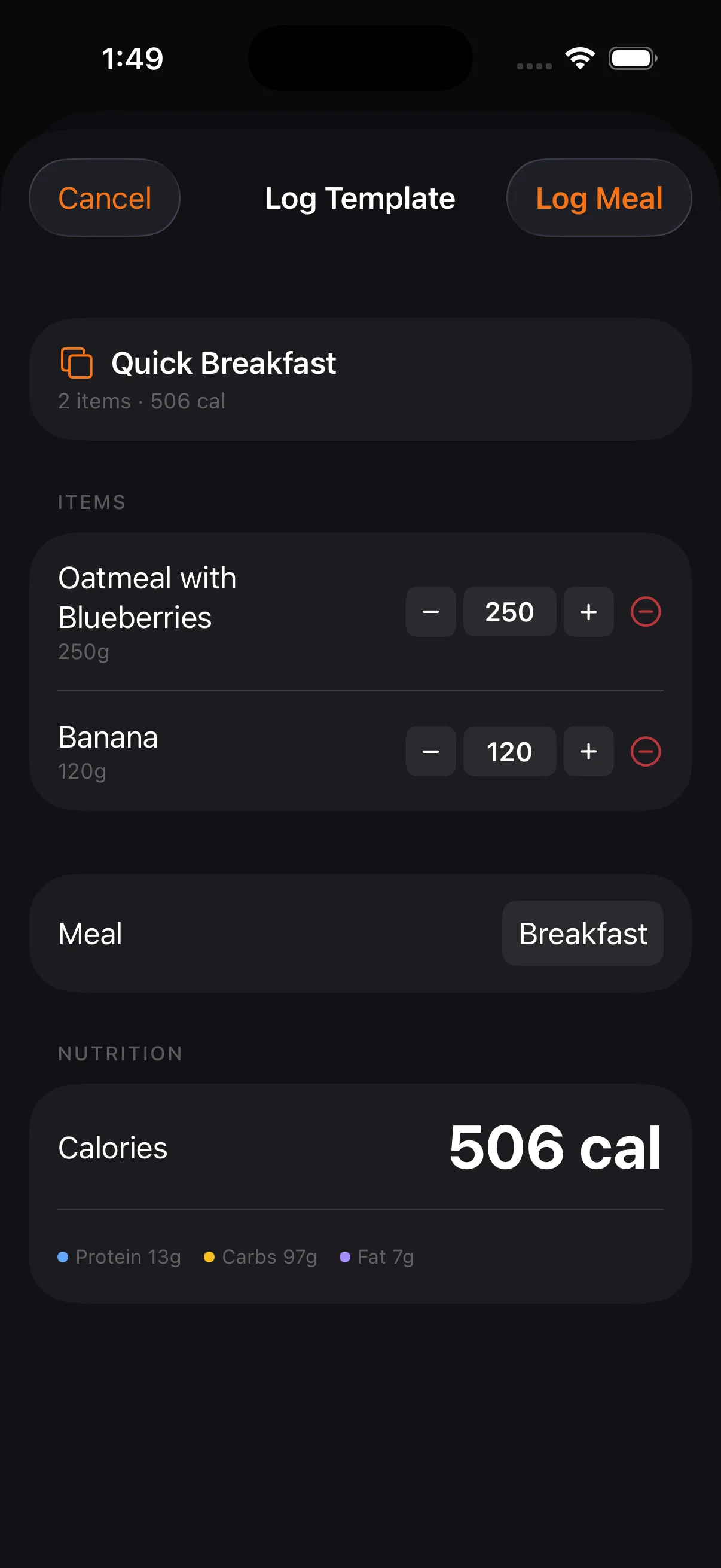 Adjust individual item quantities or exclude items before logging. All entries group under the template name.