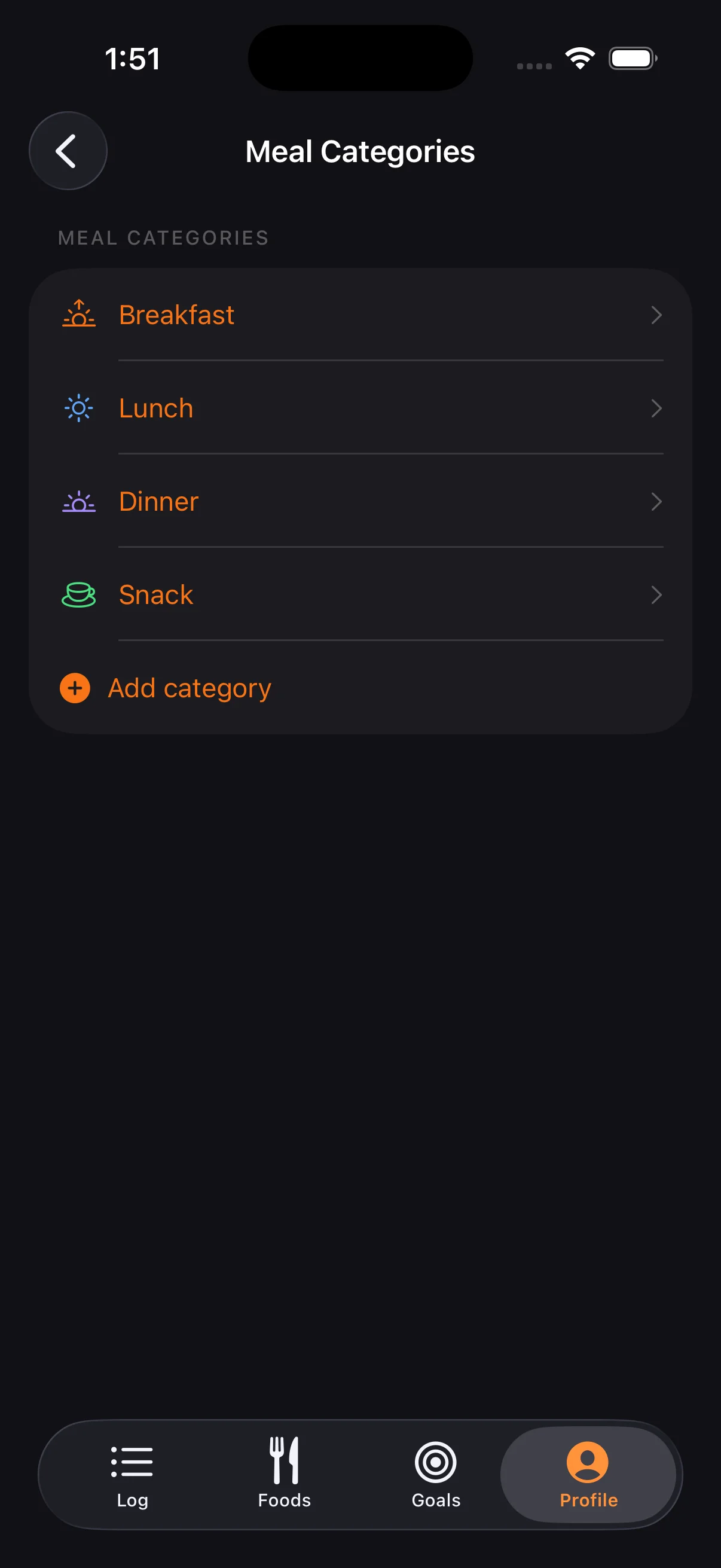 Four built-in categories with the ability to add custom ones. Each with its own icon and color.
