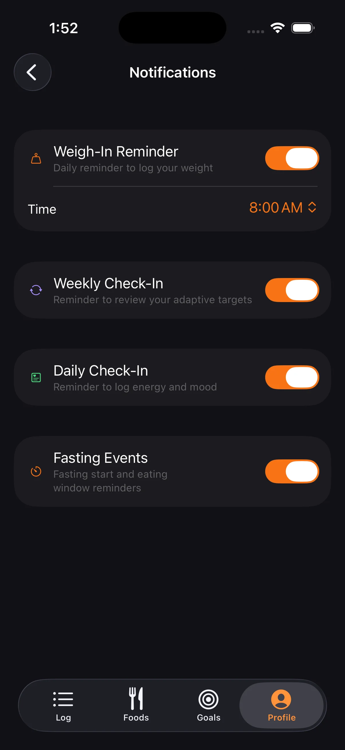 Supplement reminder settings in Tare, grouped by timing.