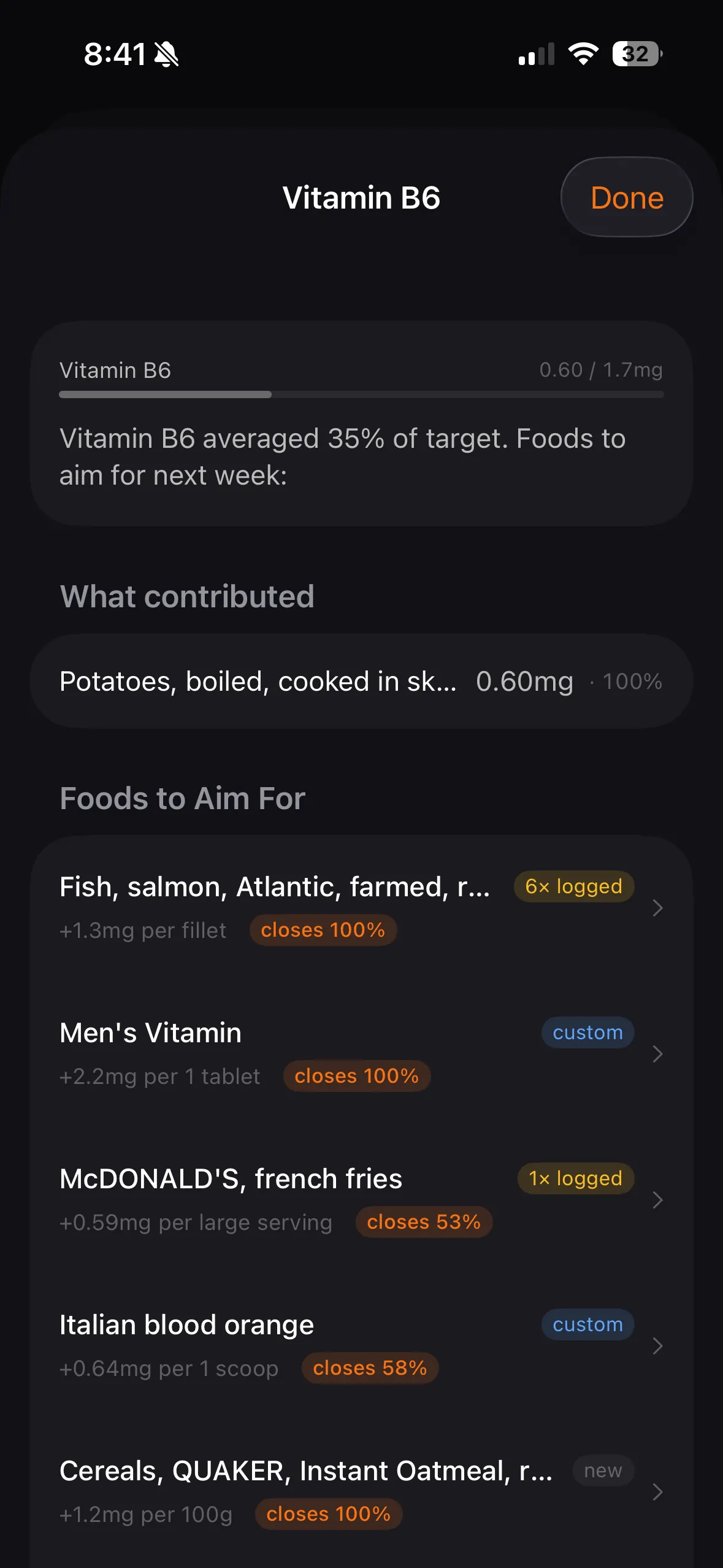 Vitamin B6 detail in Tare showing contributing foods and ranked suggestions to close the gap.