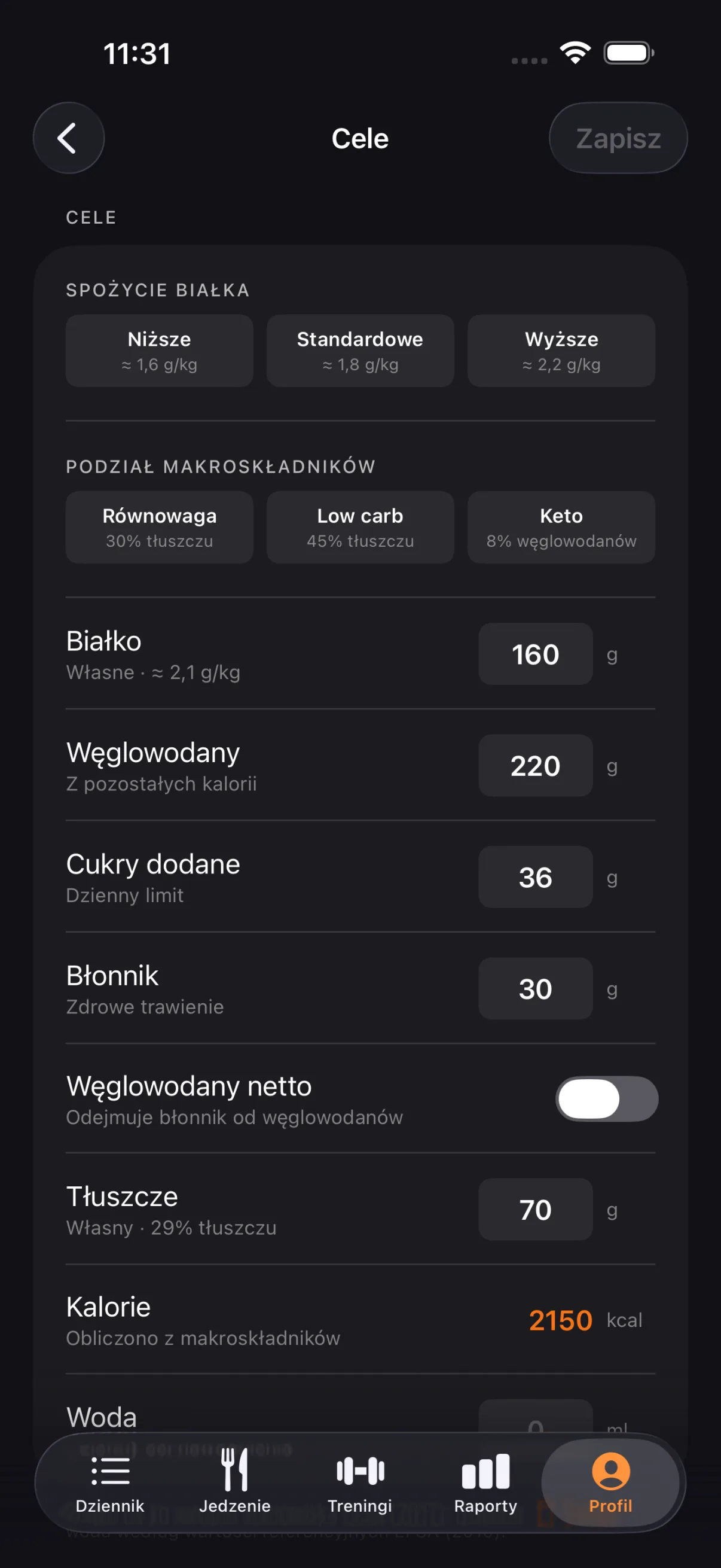 W „Profil → Cele”: gotowe warianty spożycia białka i proporcji makroskładników, a niżej same cele w gramach — z limitem cukru dodanego i błonnikiem — oraz przełącznik węglowodanów netto.