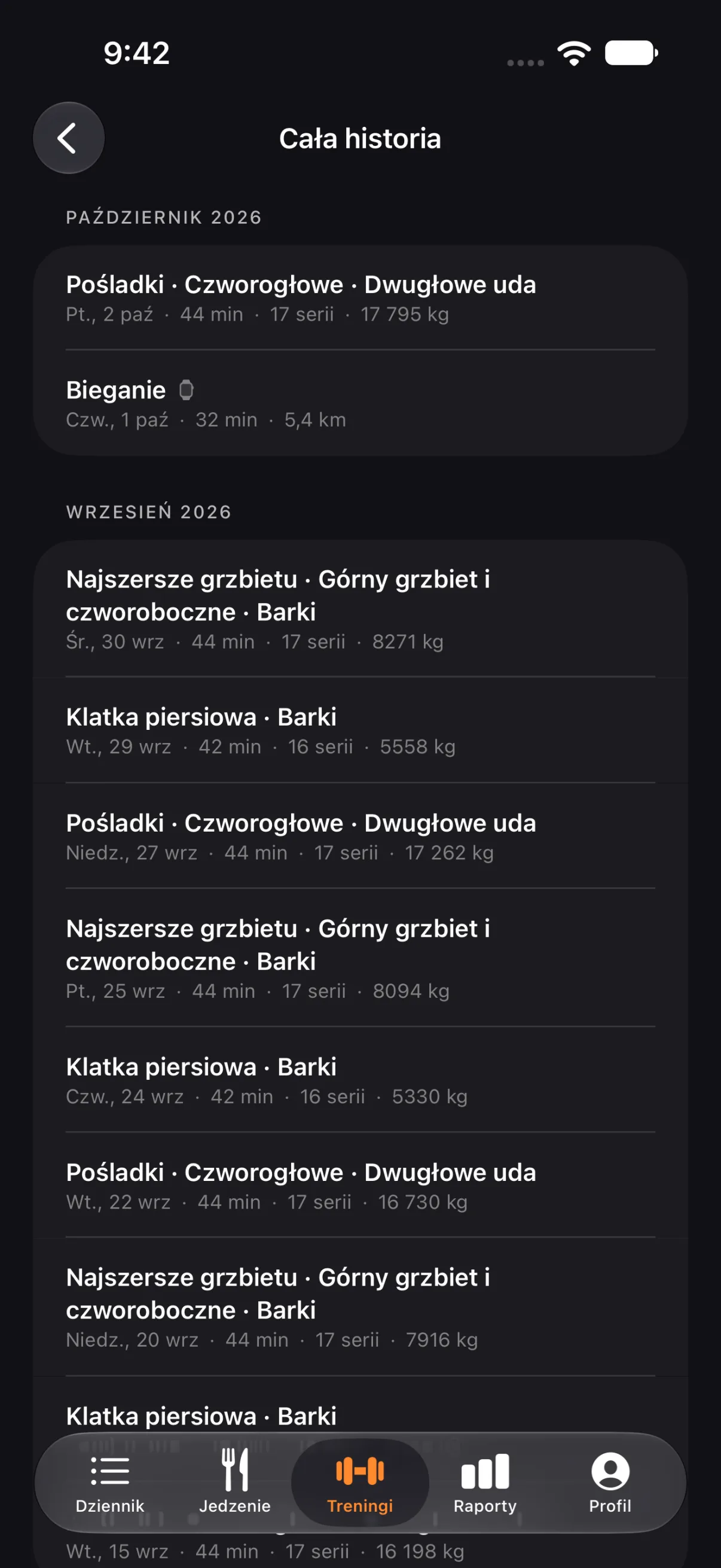Wszystkie treningi według miesięcy: mięśnie, czas, serie i łączny ciężar. Treningi zapisane na Apple Watch też tu trafiają.