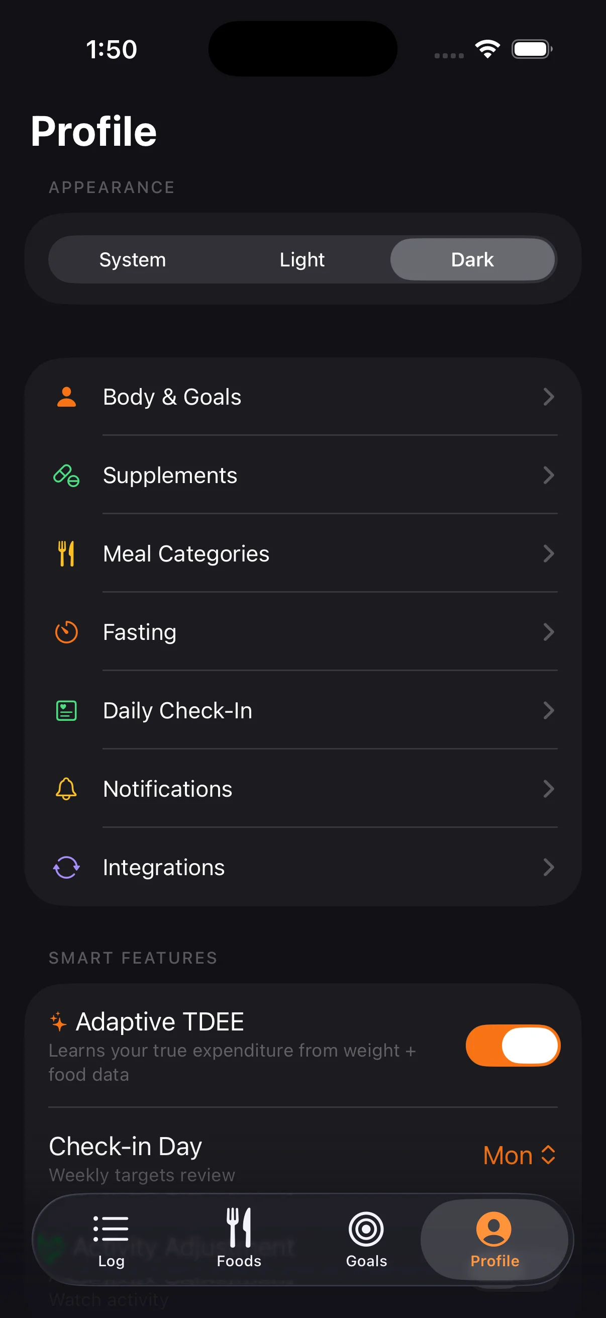 Appearance, body stats, supplements, fasting, check-ins, notifications, and integrations — all in one place.
