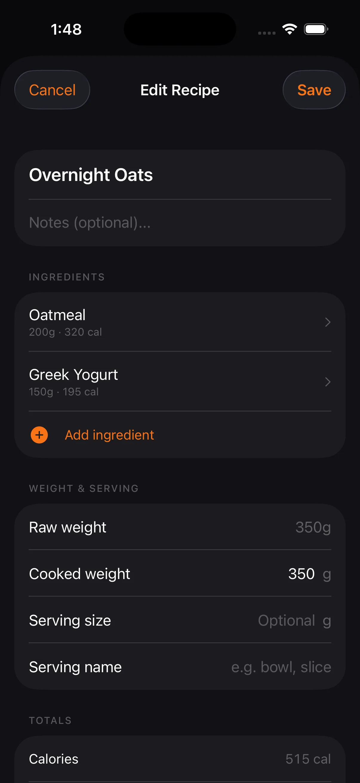 Build recipes from ingredients with live totals. Set cooked weight for accurate per-gram calculations.
