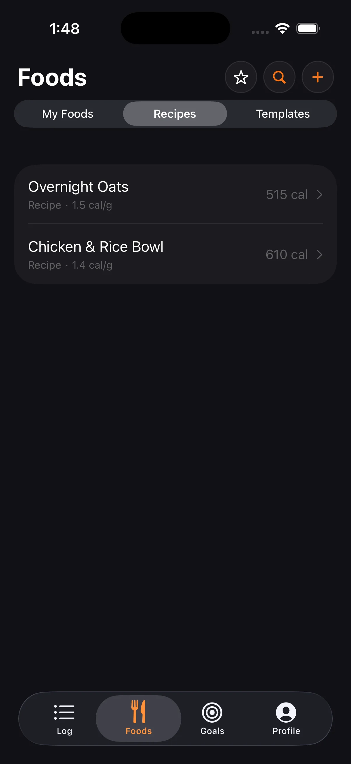 Your saved recipes with total calories and cal/g density. Tap to edit ingredients or log a serving.