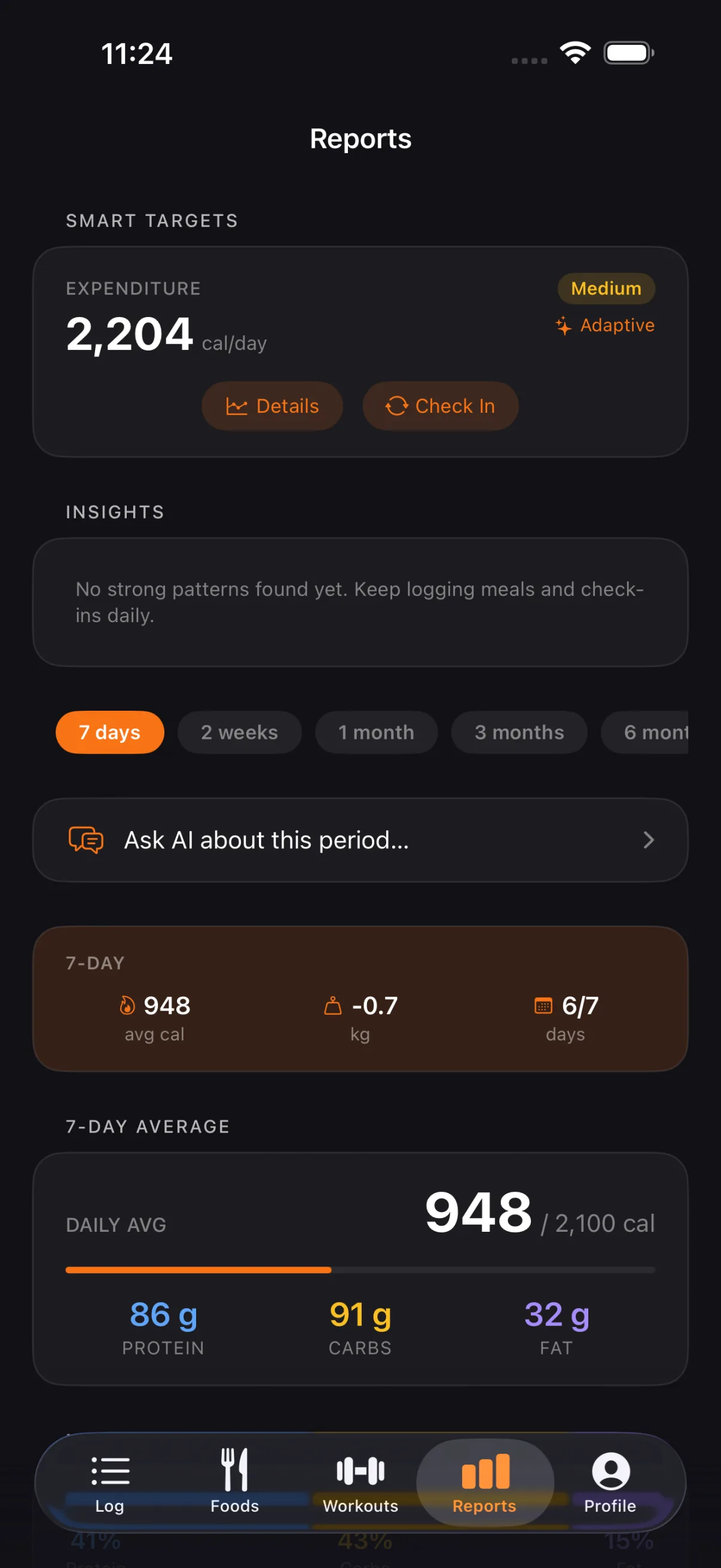 Reports with expenditure, average calories, weight change, and the range choice