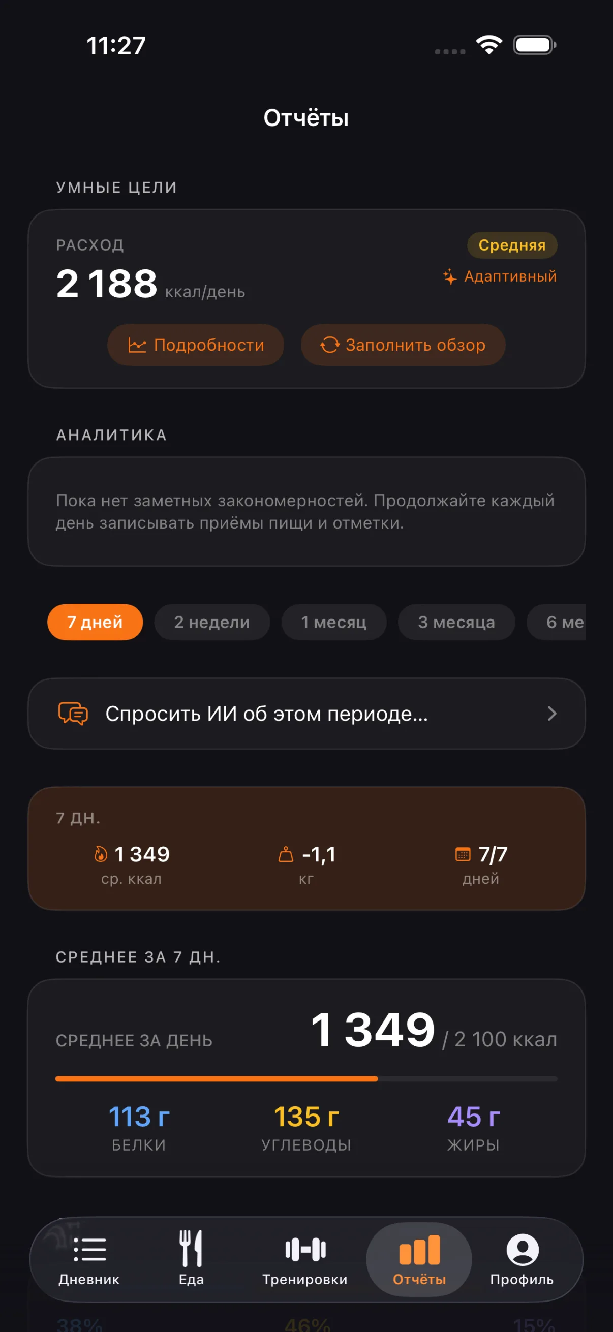 Отчёты: расход, среднее за день, изменение веса и выбор периода