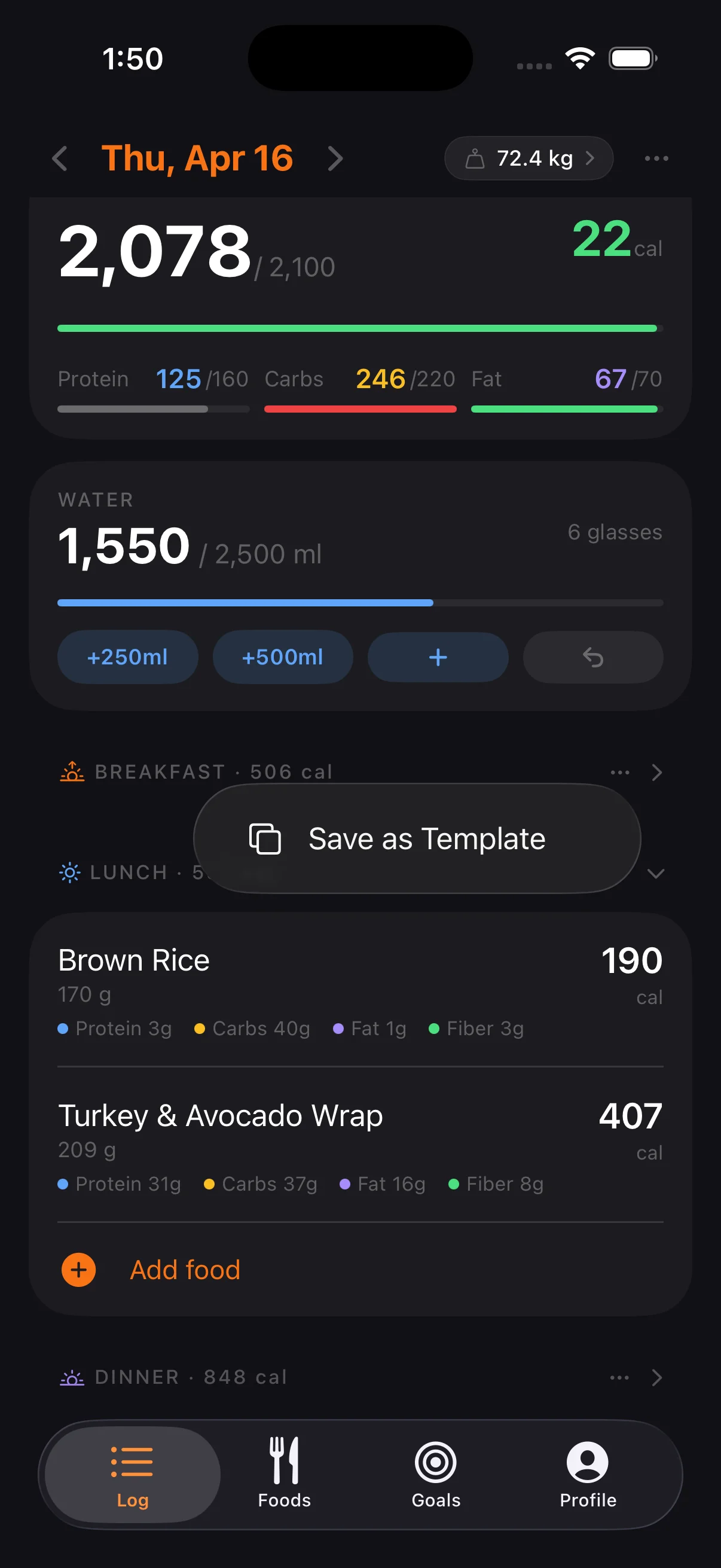 Turn any meal into a reusable template. Log your favorite combos with a single tap next time.