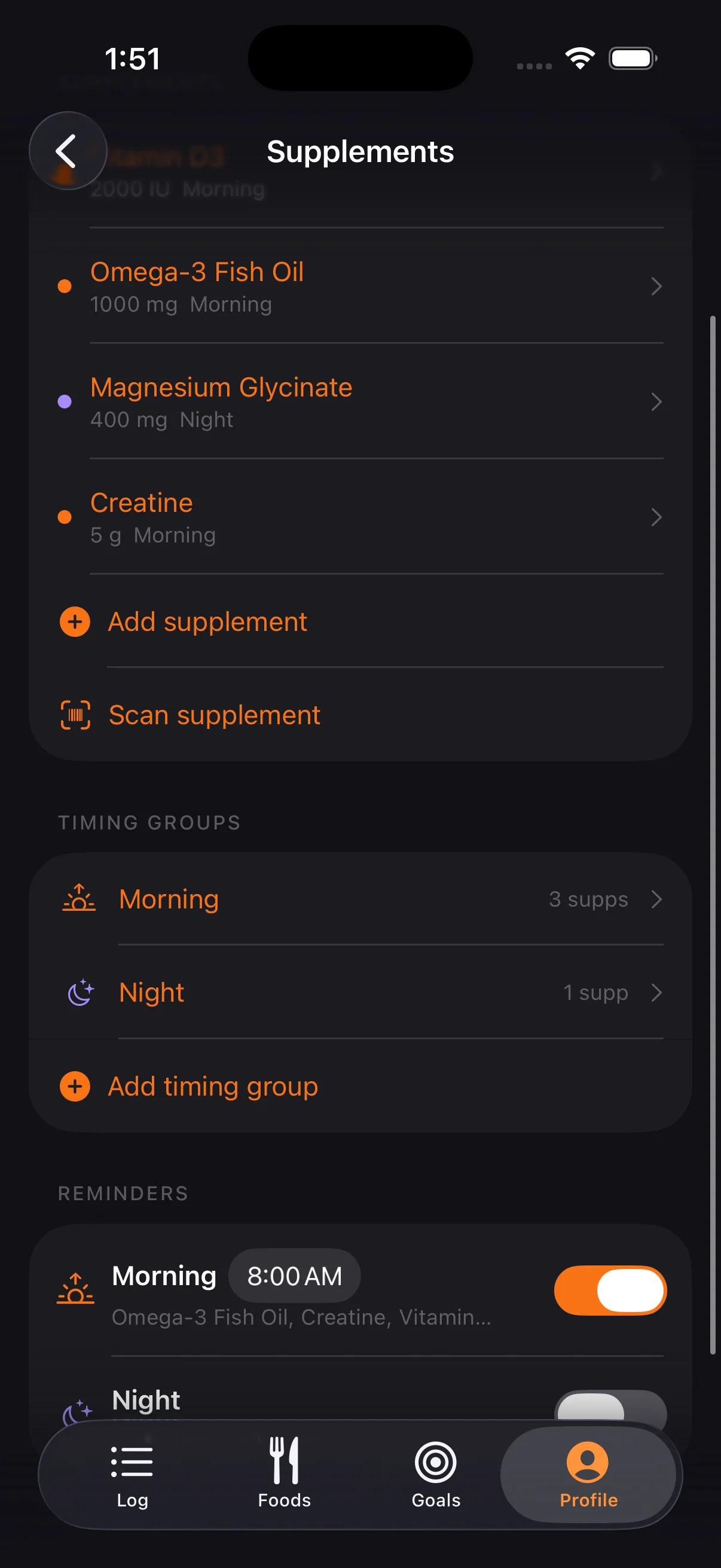 Supplements with timing groups and reminders