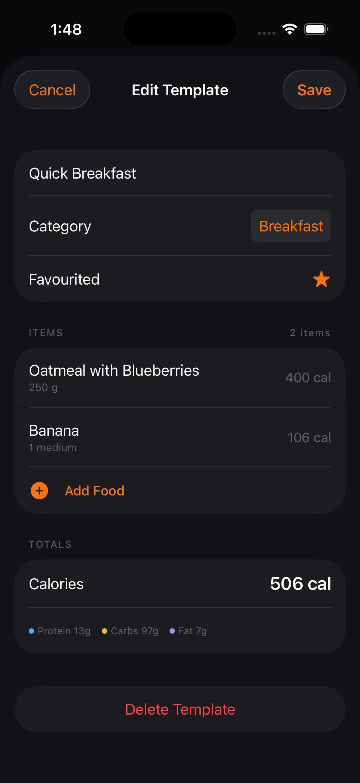 Build templates from foods with per-item calories and macro totals. Assign a default meal category.