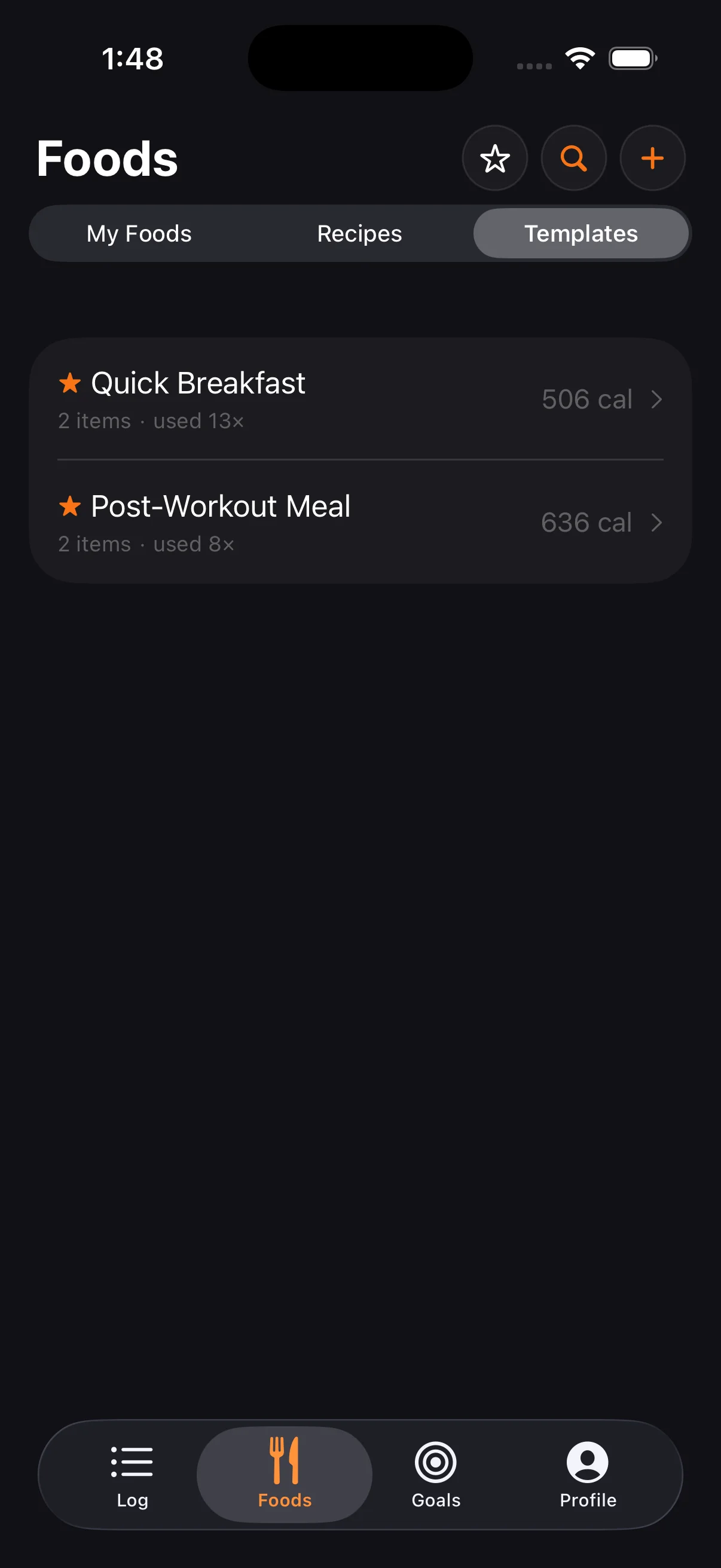 Reusable meal combos with usage count. Star your go-to meals for quick one-tap logging.