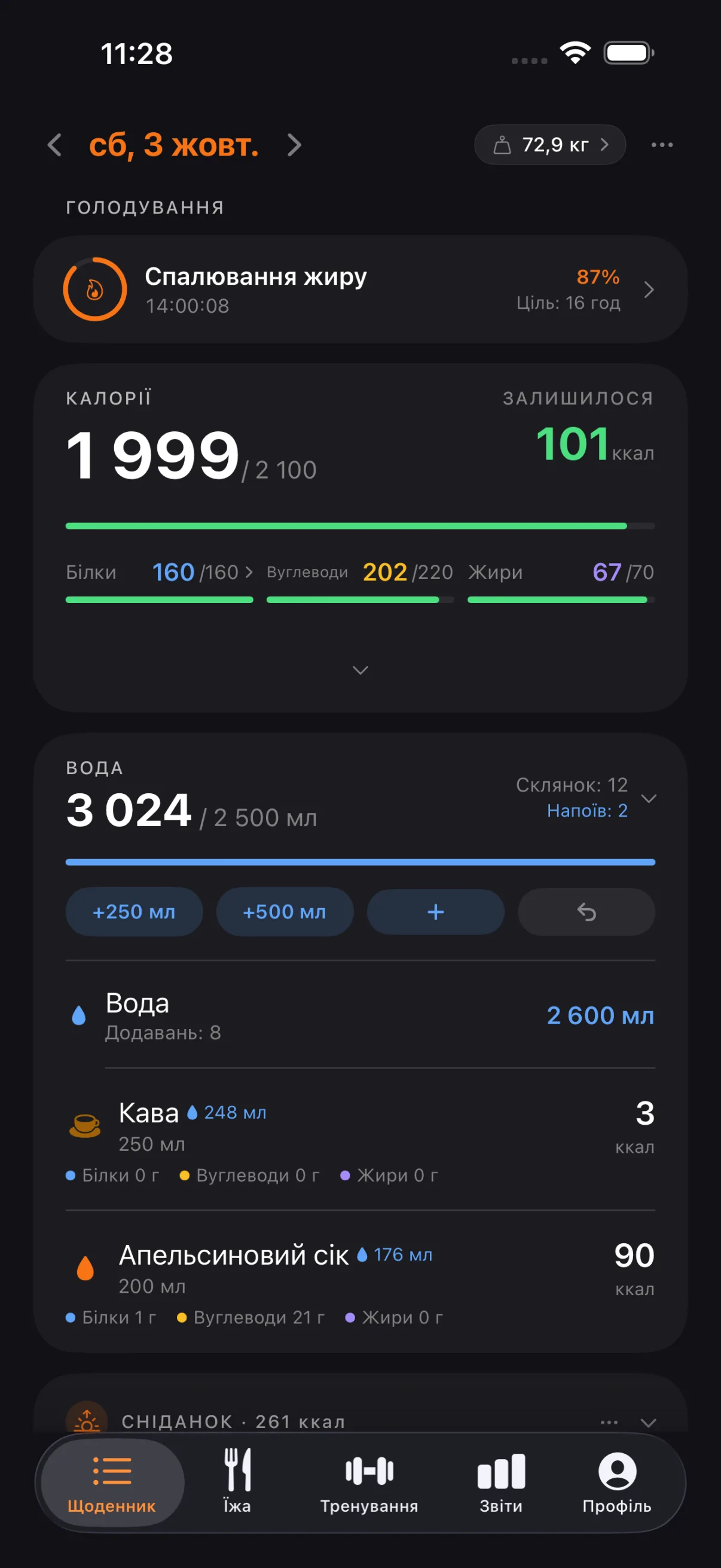 Щоденник Tare: калорії за день, шкали макронутрієнтів, вода й розділи прийомів їжі