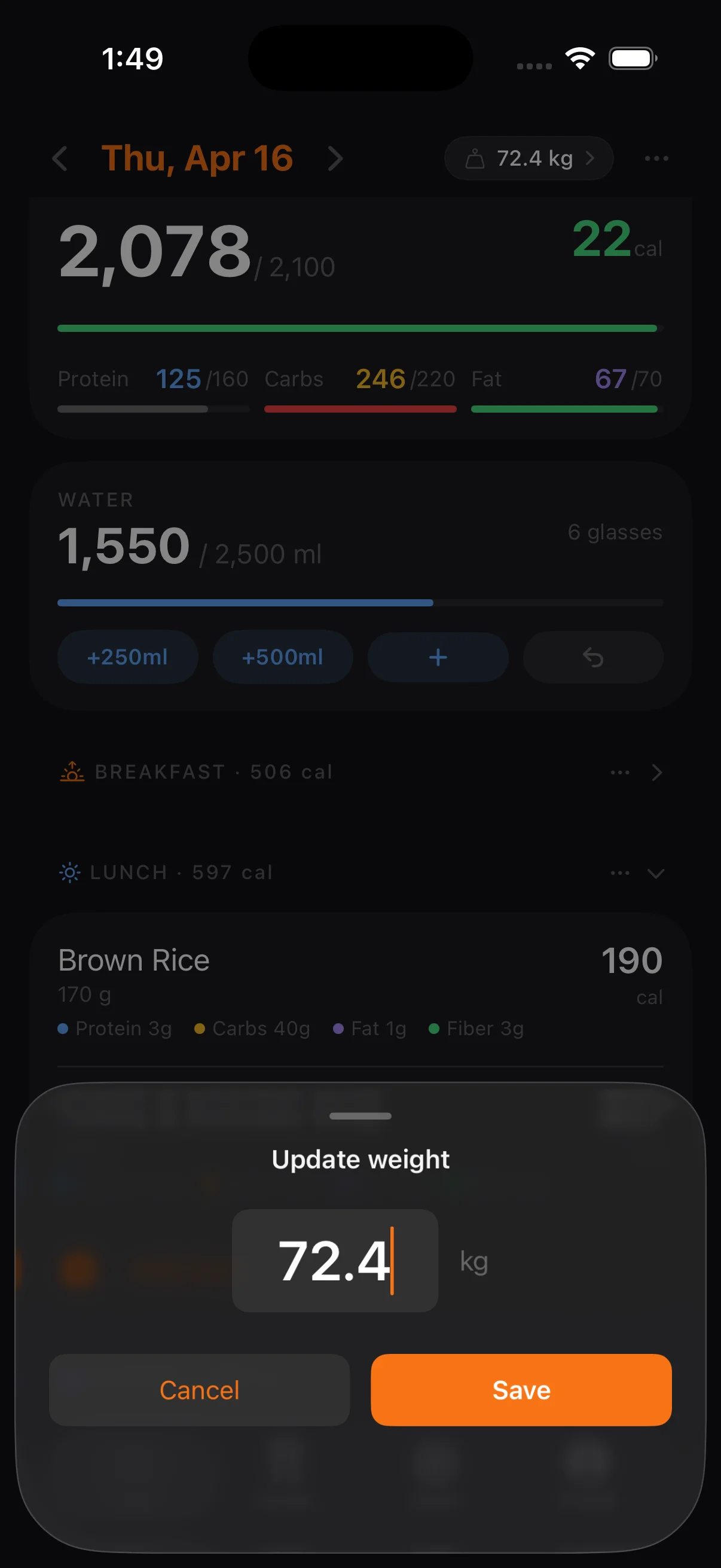 Tap the weight pill to log today's weight without leaving the daily view. Feeds into your trend and adaptive TDEE.