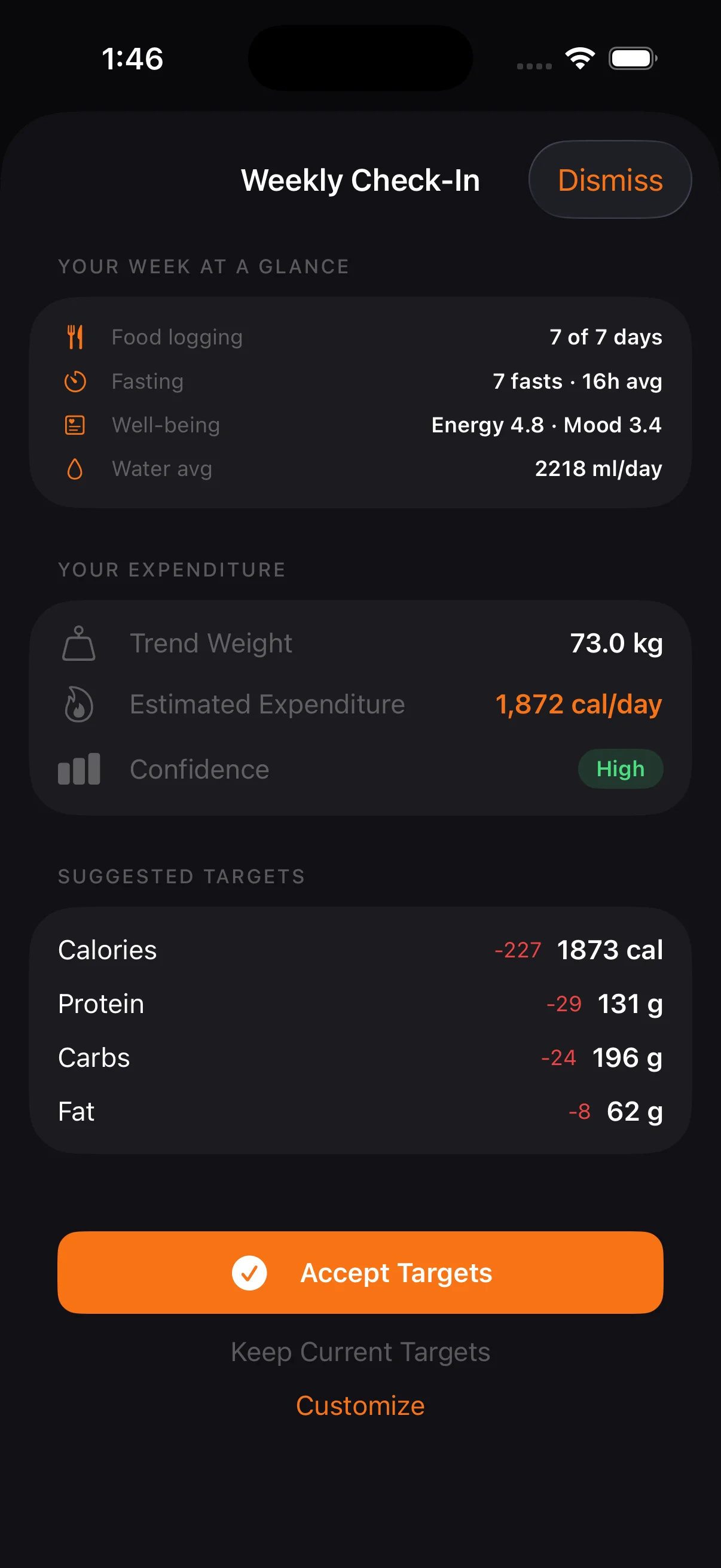 Review your week at a glance. Accept adaptive macro targets based on your real expenditure data.