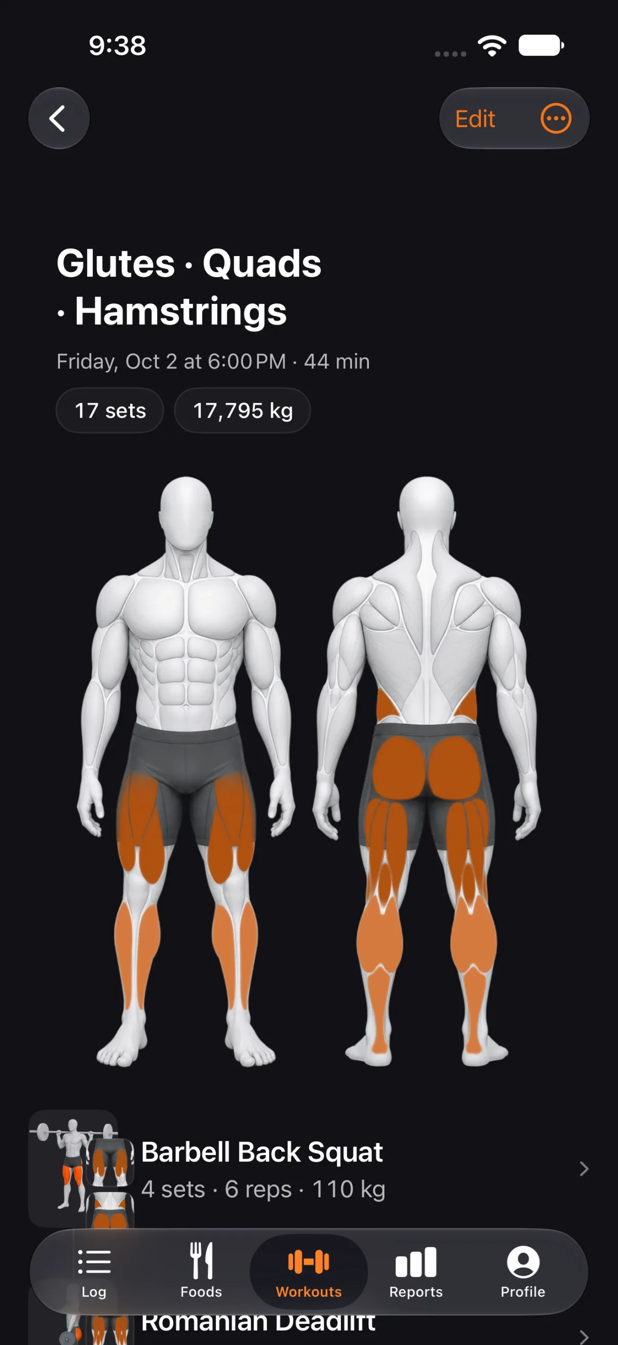A finished workout in Tare: its muscles on the figure, the sets, total weight lifted and duration, and the exercises below