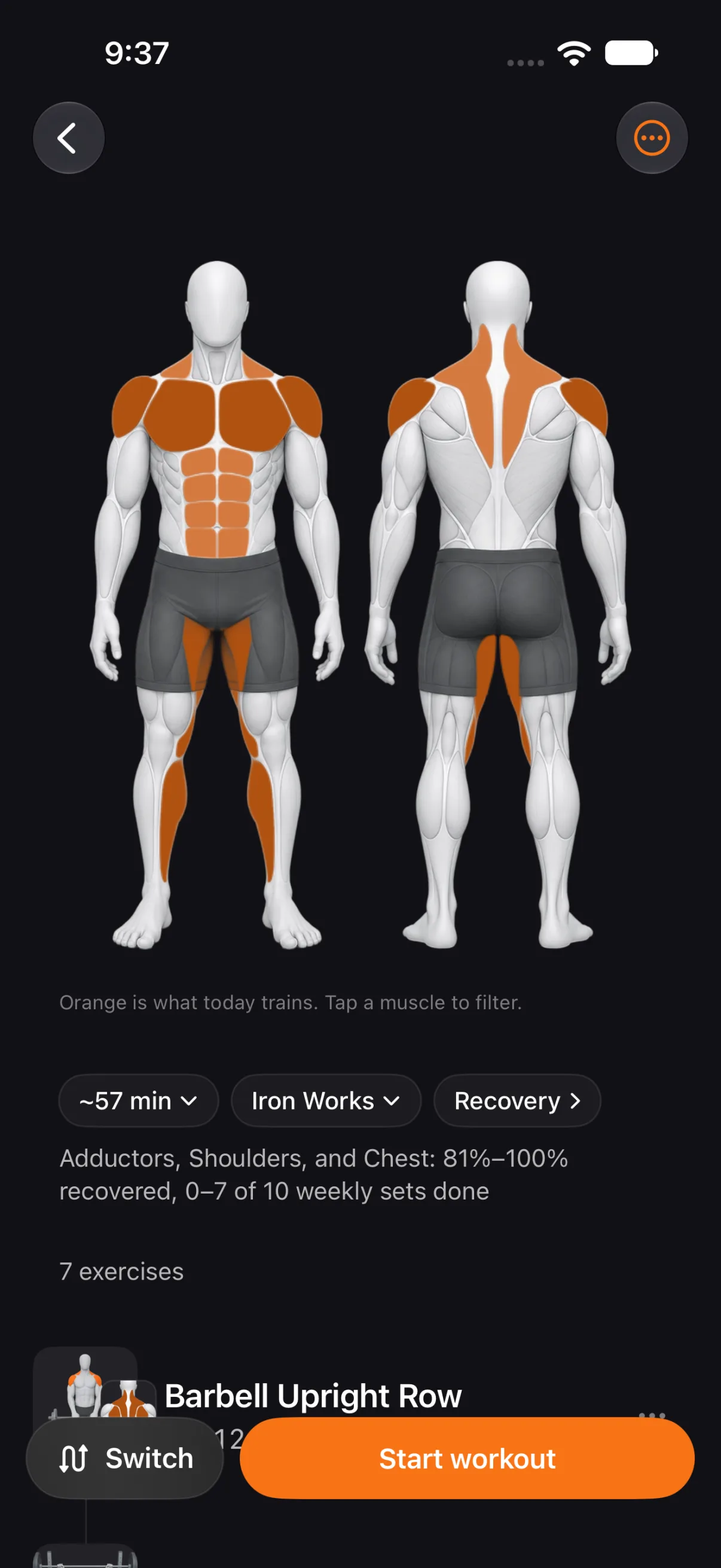 Up Next in Tare: today’s workout drawn on a front and back figure, the trained muscles in orange, with how recovered they are and Start workout below