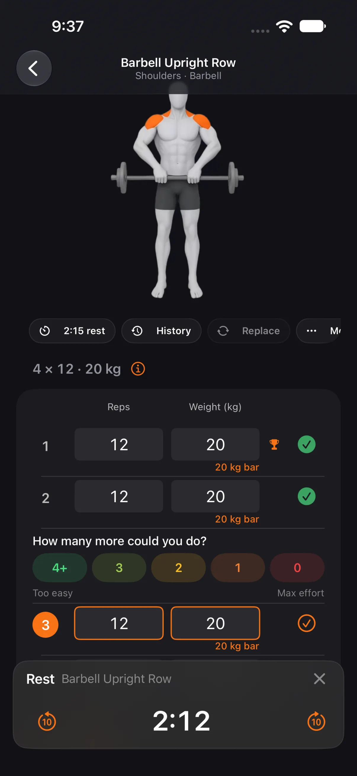 A set in progress in Tare: the exercise’s figure, reps and weight for each set, two sets checked off, the how-many-more rating, and the rest timer counting down